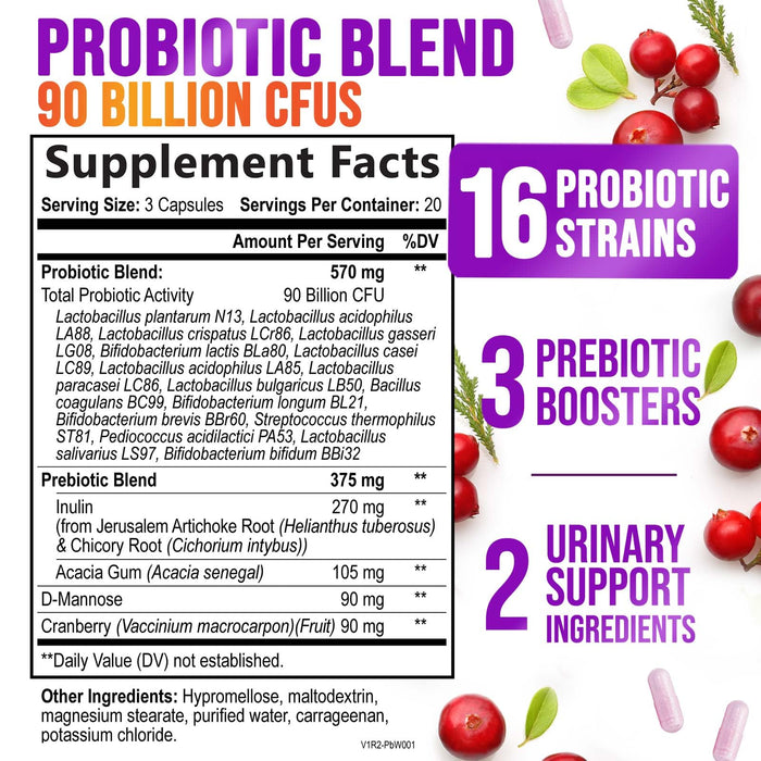Probiotics for Women - 90 Billion CFU 16 Probiotic Strains with Cranberry, Vaginal Probiotics with Prebiotics PH, Digestive, UT, Immune, & Feminine Health Support, Pro Biotics for Women, 60 Capsules