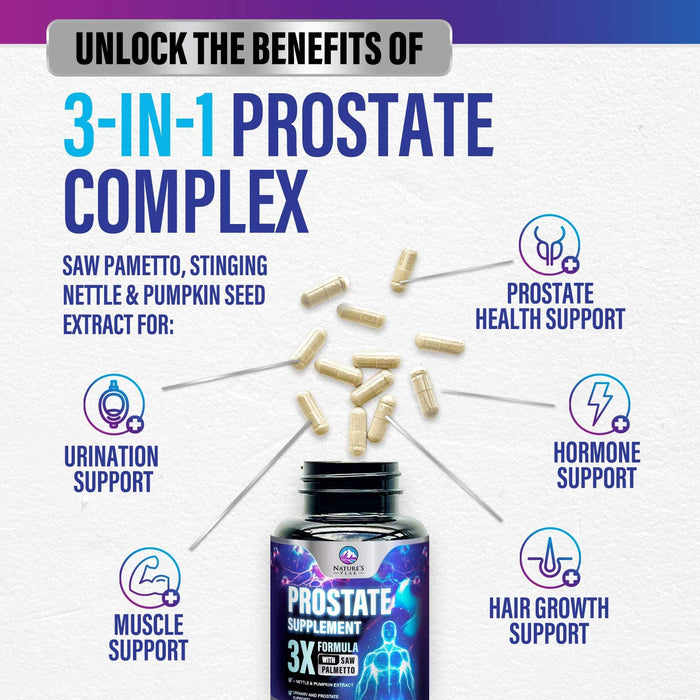 Prostate Health Supplements for Men - Support Complex 3x Formula with Saw Palmetto Blend Stinging Nettle Root & Pumpkin Seed Extract - Supports Bathroom Trips Prostate & Urinary Health - 60 Capsules