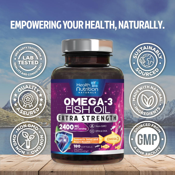 Omega 3 Fish Oil 2400 mg - Triple Strength Omega3, EPA & DHA Fatty Acids Supplement - Natural Support for Immune, Heart & Brain Health - Wild Caught, Non-GMO, Lemon Flavor, Burpless - 240 Softgels