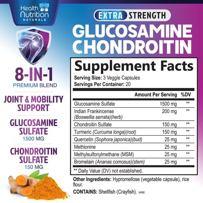 Glucosamine Chondroitin MSM 2100mg Complex - Joint Health Supplement with Turmeric & Boswellia - Quercetin for Cartilage, Flexibility & Mobility - Triple Strength Glucosamine Sulfate - 60 Capsules