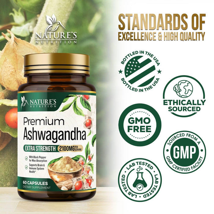 Ashwagandha Capsules for Women & Men - 2100mg Ashwagandha Supplement, Natural Antioxidant Support, Ashwa Root Extract, Extra Strength Calm Support with Black Pepper, Vegan & Gluten Free - 60 Capsules