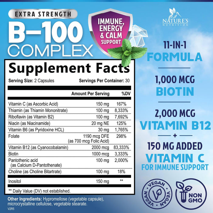 B Complex Vitamins Capsules with Vitamin B6 B12 B100 C Biotin Folate & Folic Acid - Supplement for Heart, Brain, & Nerve Support - Super Complete B-Complex for Immune & Energy Support - 60 Capsules