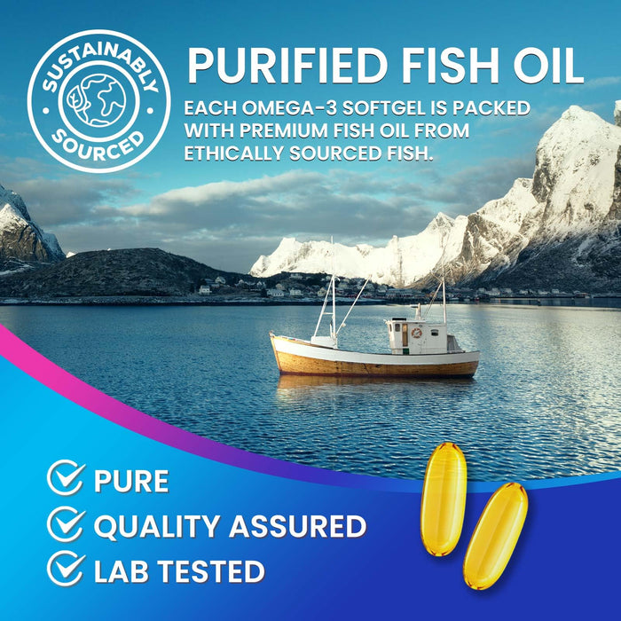 Omega 3 Fish Oil 2400 mg Supplement, Sustainably Sourced, Triple Strength Omega-3 Supplement Softgels, Brain Health Support, EPA & DHA Fish Oil Fatty Acids Supplements, Gluten & GMO Free, 60 Softgels