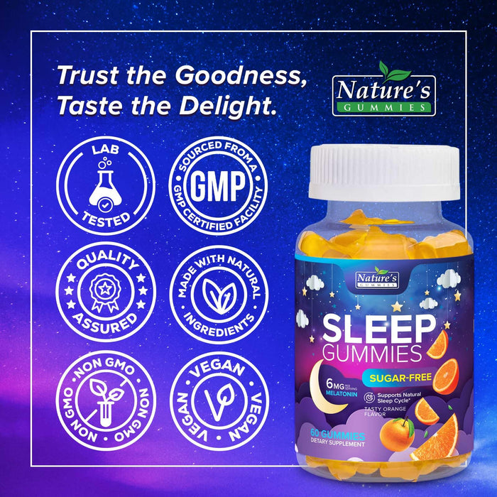 Sleep Gummies 6mg - Melatonin Gummy for Adults, Sugar Free, Natural Sleeping Gummy for Adults, Kids, Orange Flavored, Vegan, Non-GMO, Extra Strength Sleep Vitamin Support Supplement - 60 Gummies