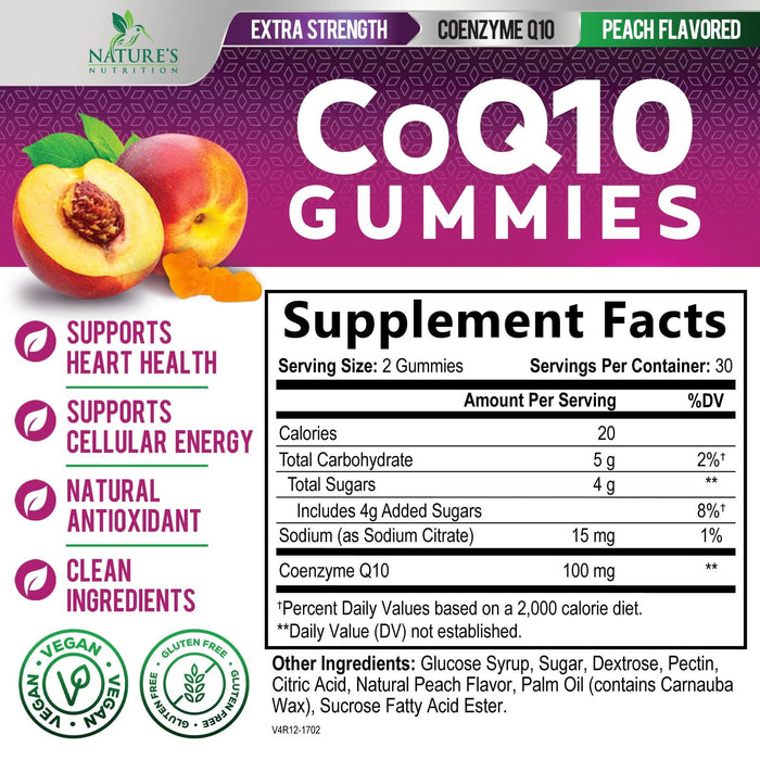 Nature's Nutrition CoQ10 Gummies 100mg â€“ High Absorption Coenzyme Q10 Supplement for Heart Health, Energy & Antioxidant Support â€“ Peach Flavor Gummy, Vegan, Non-GMO, Gluten Free â€“ 60 Count