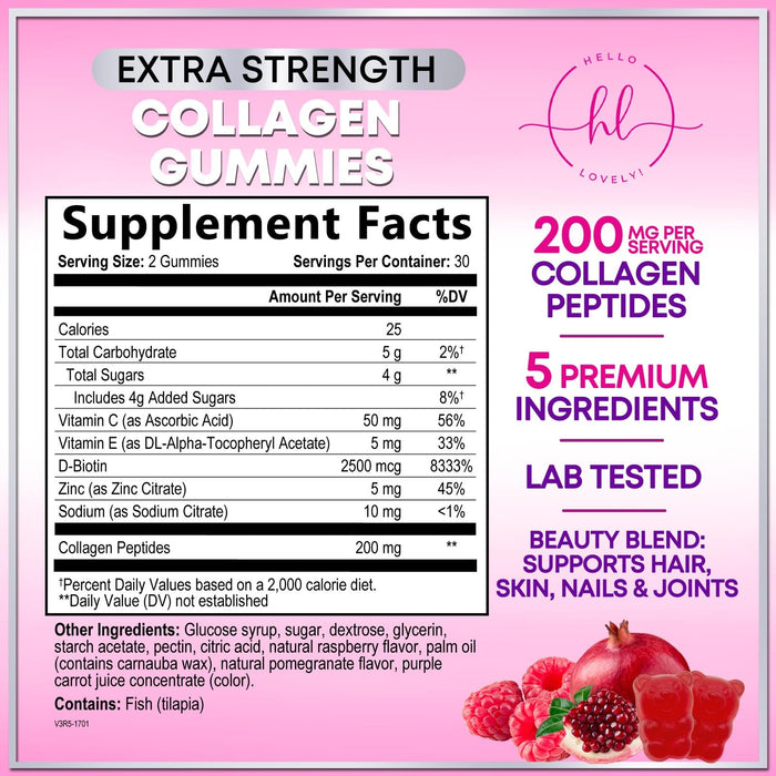 Collagen Gummies for Women - Extra Strength Collagen Peptides Gummy with Vitamin C, Zinc and Biotin, Hydrolyzed Protein Peptides Supplement for Hair, Nail & Healthy Skin Support, Non-GMO - 60 Gummies
