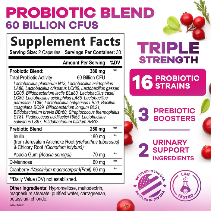 Probiotics for Women 60 Billion CFU - 16 Strains, Prebiotics & Cranberry, PH Balance, Digestive Health, Vaginal & Immune Support, Womens Probiotic for Gut Health, Shelf Stable - 60 Capsules