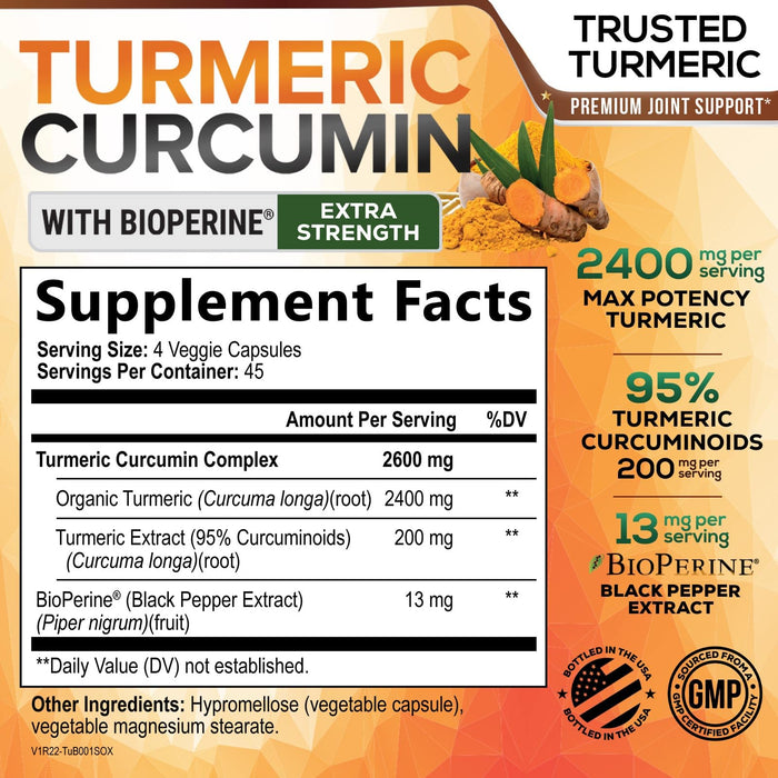 Turmeric Curcumin with BioPerine 95% Curcuminoids 2600mg with Black Pepper for Absorption – 180 Capsules