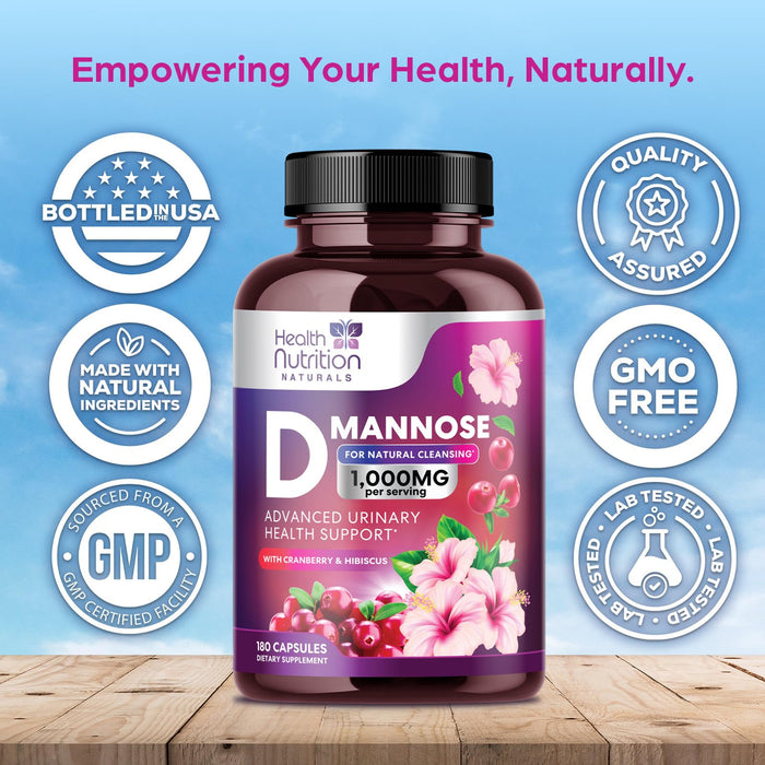 D-Mannose Supplement 1,000mg - with Cranberry, Hibiscus & Dandelion - Fast-Acting, Natural Urinary Tract & Bladder Support for Women & Men – Flush & Cleanse Impurities – Non-GMO, Vegan – 180 Capsules