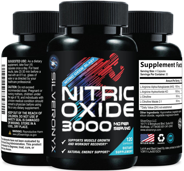 Extra Strength Nitric Oxide Supplement 3X Strength L Arginine, Citrulline Malate, AAKG, Beta Alanine - Premium Muscle Supporting Nitric Booster - Natural Energy & Heart Health Support - 120 Capsules