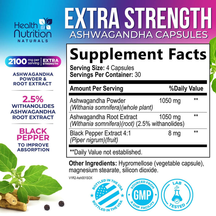 Ashwagandha Supplement 2100mg - Extra Strength Herbal Root Extract, Best Ashwagandha Supplements for Men & Women, Restore, Unwind, Calm Support Formula, Vegetarian, Non-GMO, Gluten-Free, 120 Capsules