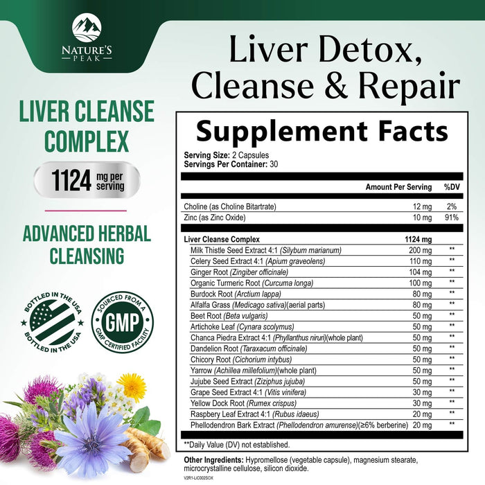 Liver Cleanse Detox & Repair - Milk Thistle Supplement for Digestion & Immune Health - Ginger Root, Choline & Dandelion Root - Herbal Liver Support with Silymarin, Beetroot & Artichoke - 60 Capsules