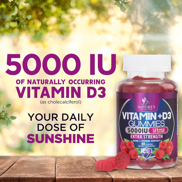 Vitamin D3 Supplement Gummy 5000 IU (125 mcg) Dietary Vitamins D for Men & Women - Bone, Teeth, Muscle and Immune Health Support, High Potency VIT D3 Nature's Non-GMO & Gluten Free - 60 Gummies