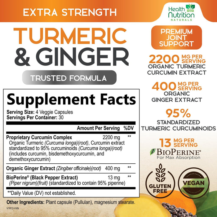 Turmeric Curcumin Supplement 2600mg - with Organic Ginger & Turmeric, 95% Curcuminoids, BioPerine Black Pepper for Best Absorption, Nature's Vegan Joint Support, Non-GMO, Bottled in USA - 120 Capsules