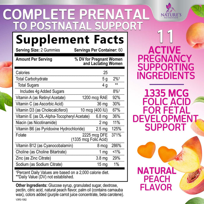 Prenatal Vitamins for Women Gummies, Folic Acid 1335mcg Pregnancy Vitamins for Fetal Support, Vitamin A, C, D3, B12, B6 & Folate, Prenatal Multivitamin Gummy for Pregnant & Nursing Women - 120 Gummies