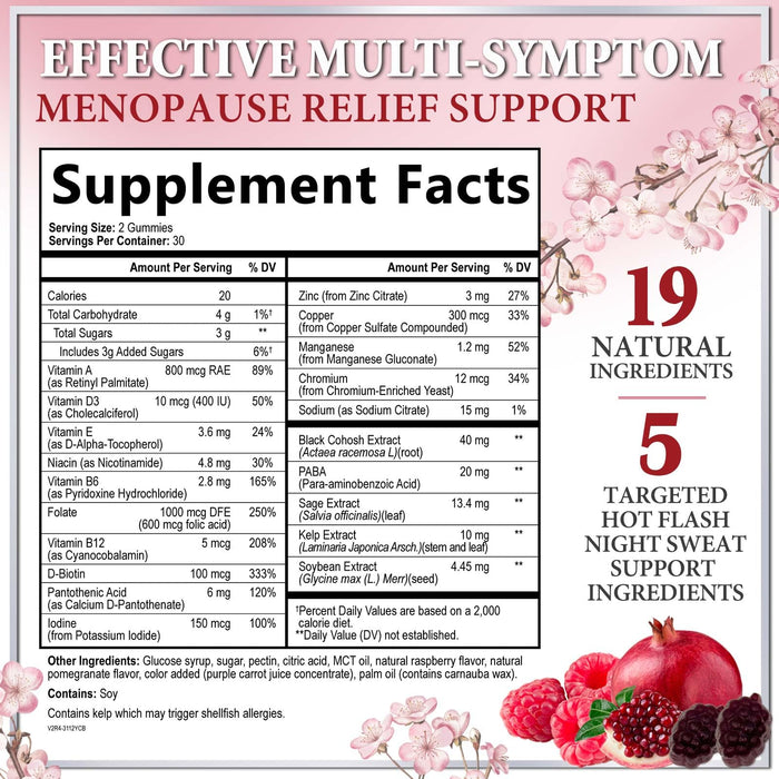 Menopause Supplements for Women - Complete Natural Mild Hot Flashes & Night Sweats Support, Multi Benefit Menopause Relief Gummy, Support for Balance & Energy, Gluten-Free & Non-GMO - 60 Gummies