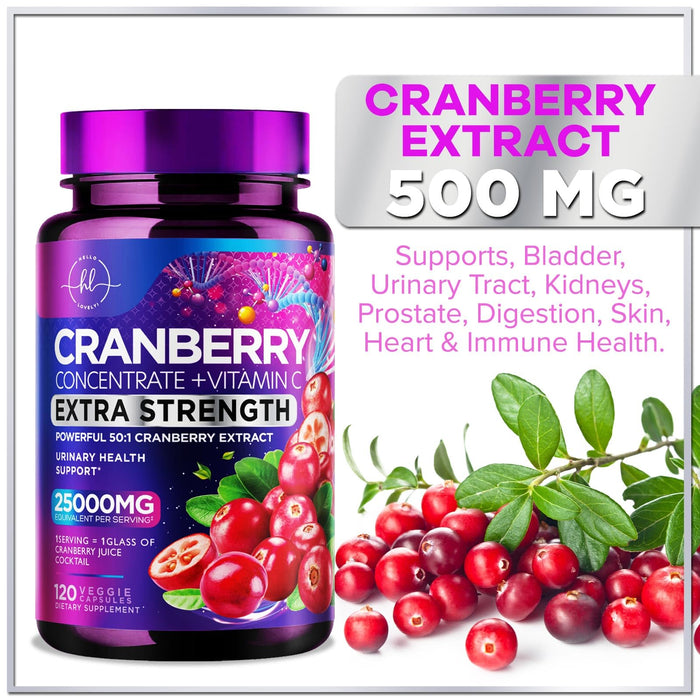 Cranberry Supplement 25,000mg Formula + Vitamin C â€“ Urinary Tract Health Support for Women & Men, 50:1 Whole Fruit Cranberry Extract Pills for Women, Sugar-Free, Non-GMO, Gluten-Free - 120 Capsules