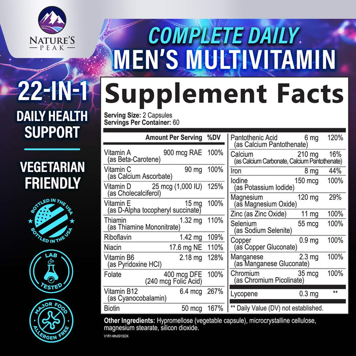 Men's Daily Multivitamin - Vitamins A, C, D, E, B12 + Zinc - 120 Capsules