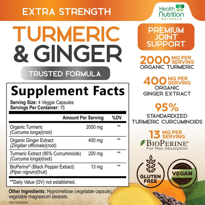 Turmeric Curcumin Supplement 2600mg - with Organic Ginger & Turmeric, 95% Curcuminoids, BioPerine Black Pepper for Best Absorption, Nature's Vegan Joint Support, Non-GMO, Bottled in USA - 60 Capsules