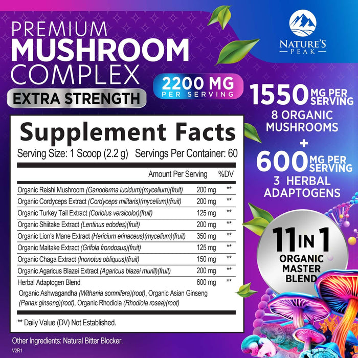 Brain Mushroom Powder - Mushroom Extract Powder, 11 in 1 Complex Mushroom Supplement with Organic Lions Mane, Reishi, Cordyceps, Chaga, Turkey Tail, Maitake for Energy & Immune Support - 60 Servings