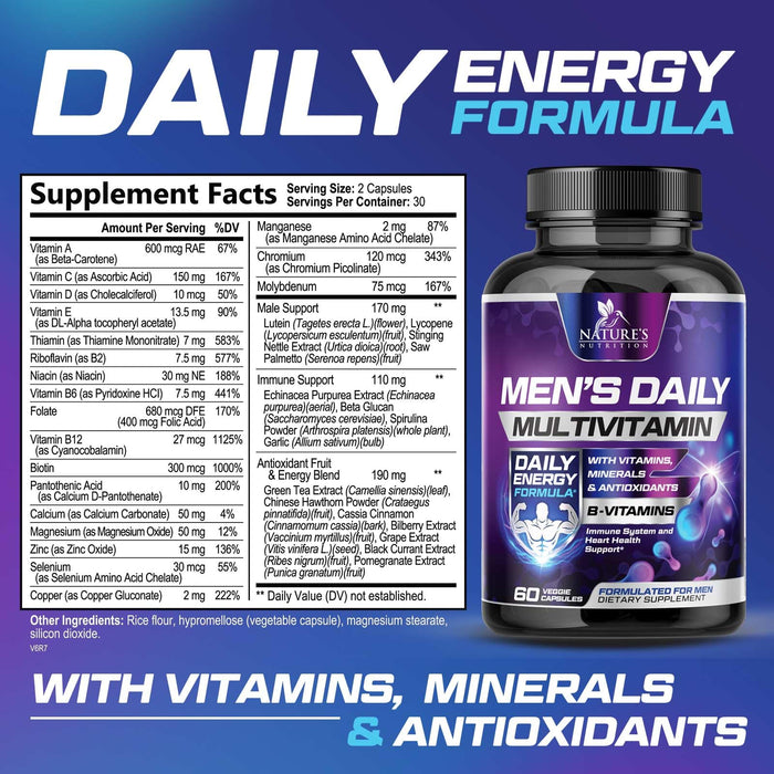 Multivitamin for Men - Vitamin A, C, D, E, Zinc, Calcium, Multivitamins for Immune Health Support, Vitamin B12, Men’s Daily Multivitamin Supplement Capsules, Non-GMO Mens Multi Vitamins - 60 Capsules