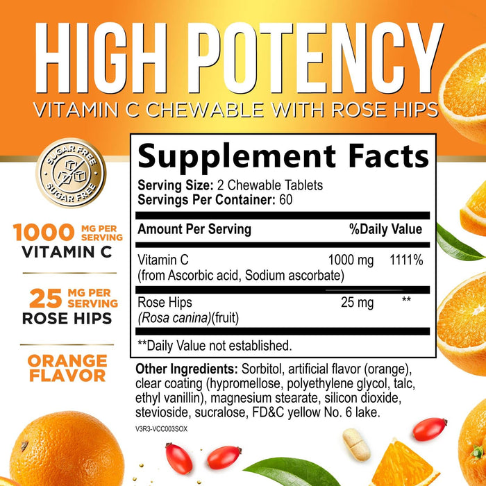 Vitamin C 1000mg Chewable Supplement - Extra Strength Immune Support Vitamin C Dietary Supplement with Rose HIPS, Nature's VitaminC Antioxidant Support, Natural, Vegan, Orange Flavor - 120 Tablets