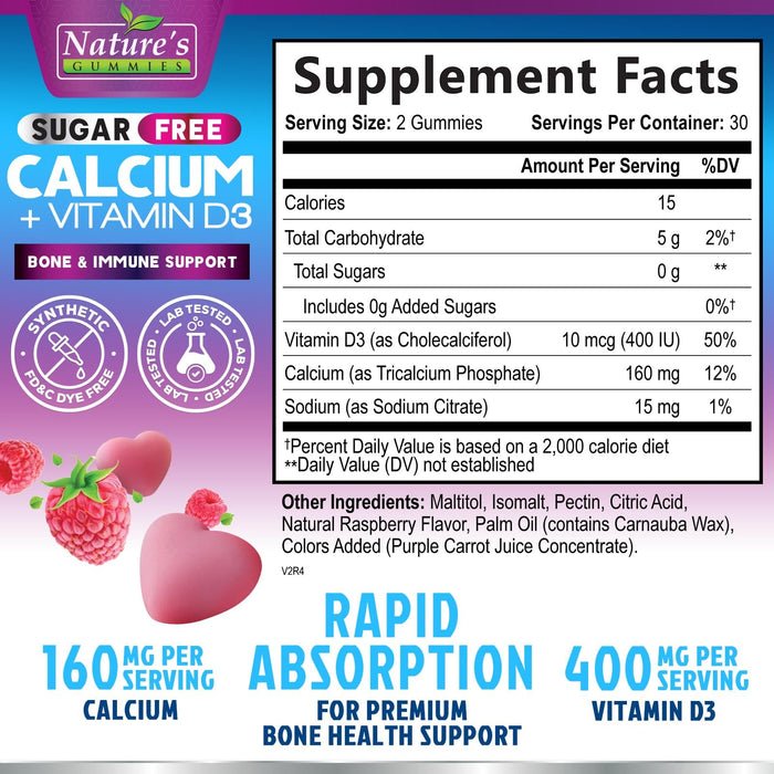Sugar Free Chewable Calcium Gummy Vitamins - Plus 400 IU Vitamin D3 for Bone, Teeth, & Immune Health Support - Calcium Supplements for Women & Men Daily, Non-GMO, Berry Flavored - 60 Gummies