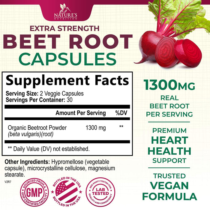 Beet Root Capsules 1300mg - Extra Strength Red Beetroot Powder Supplement â€“ Supports Nitric Oxide Production, Heart Health & Natural Energy â€“ Non-GMO, Vegan, Gluten Free â€“ 60 Veggie Capsules