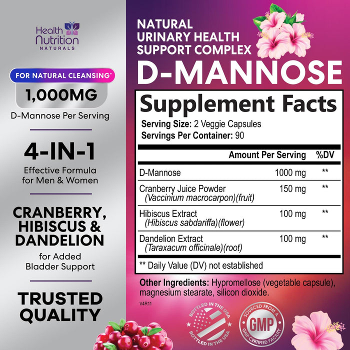 D-Mannose Supplement 1,000mg - with Cranberry, Hibiscus & Dandelion - Fast-Acting, Natural Urinary Tract & Bladder Support for Women & Men – Flush & Cleanse Impurities – Non-GMO, Vegan – 180 Capsules
