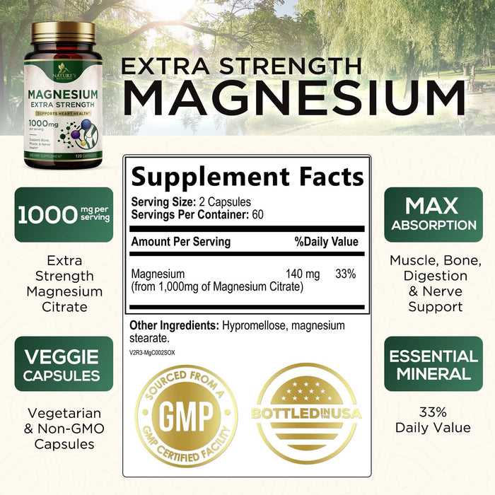 Magnesium Supplement (Citrate Oxide) 1000mg for Best Absorption, Supports Bone, Heart Health, Nerves, Muscles & Metabolism, Nature's Pure Magnesio Vitamin Pills, Bottled in USA, 120 Capsules