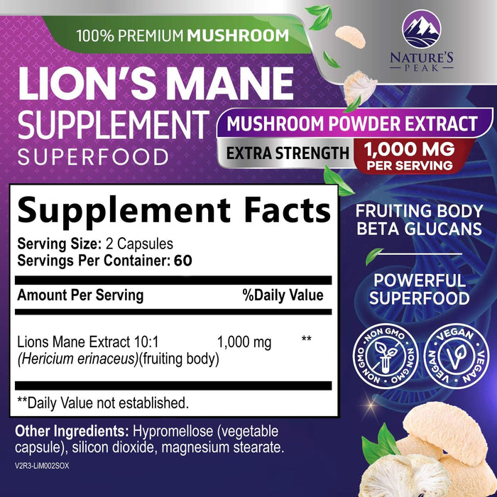 Lions Mane Mushroom Capsules 10,000mg - Lion’s Mane Supplement Capsules for Memory and Focus Support, Brain, Immune Health Support, Vegan, Bottled in USA, Lions Mane Mushroom Powder Extract, 120 Count