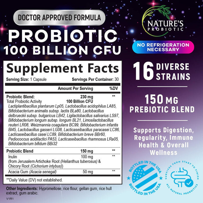Probiotic Pills 100 Billion CFU Prebiotics, Acidophilus Probiotics Supports Immune System Digestive Health, Supports Occasional Constipation & Bloating, Daily Supplement for Women & Men - 30 Capsules