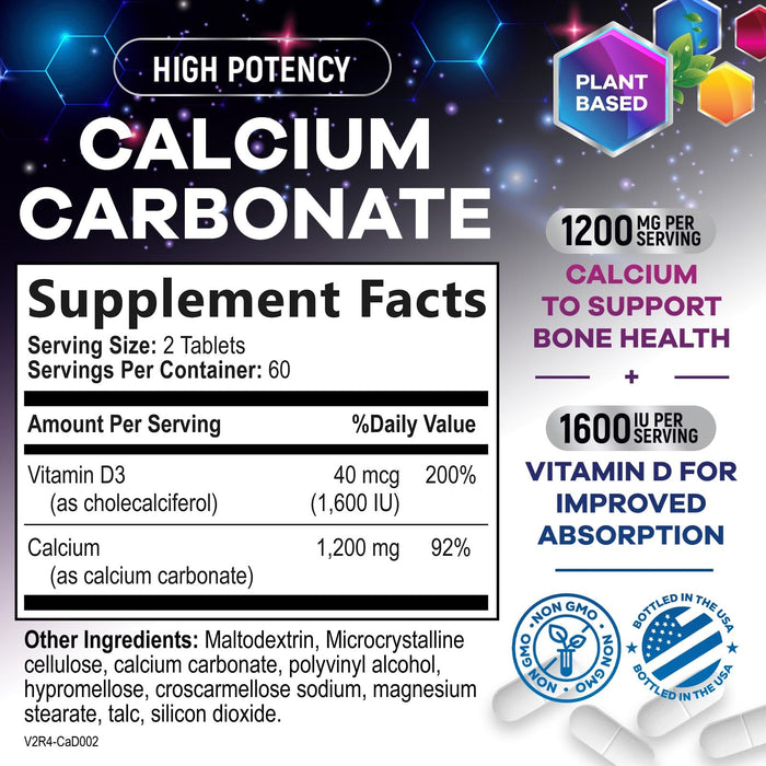 Calcium 1200 mg with Vitamin D3 (1600 IU), Calcium Supplement Vitamins, Bone, Teeth & Immune Health Support, Calcium Supplements with D for Women & Men, Nature's Absorbable Carbonate - 120 Tablets