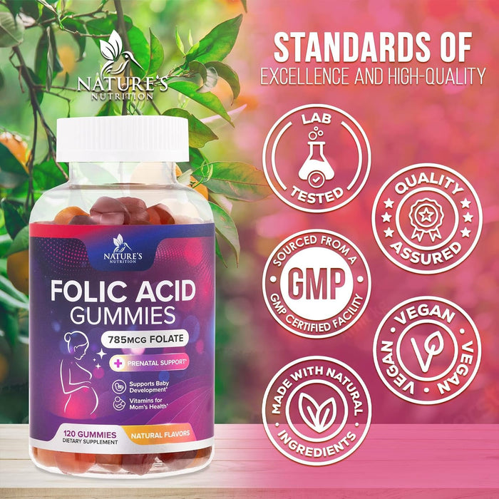 Folic Acid Gummies for Women 785 mcg, Essential Prenatal Vitamins for Mom & Baby, Vegan Folic Supplement Gummy, Daily Vitamin B9 Extra Strength Folate, Before During After Pregnancy - 120 Gummies