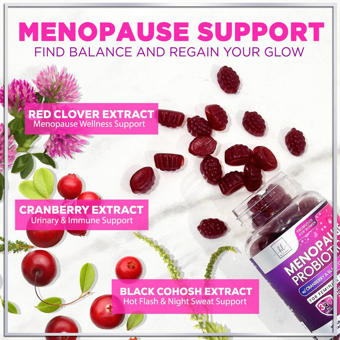 Menopause Supplements for Women Gummies with Black Cohosh, Cranberry 3 Billion CFU Probiotics - Complete Menopause Balance Relief for Hot Flashes, Night Sweats, PH, Vaginal Health Support - 60 Gummies