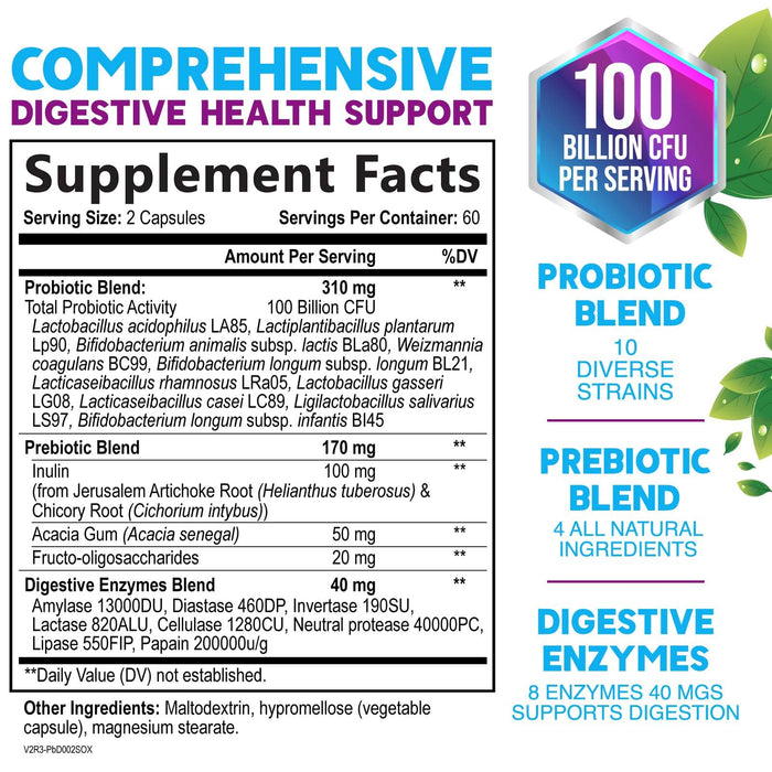 Probiotics for Women & Men 100 Billion CFU - 10 Strains with Lactobacillus, Digestive Gut Health Probiotics & Immune Support Supplement, Supports Occasional Constipation, Gas & Bloating - 120 Capsules