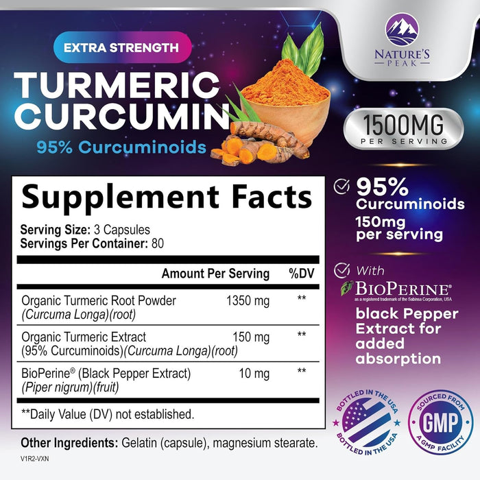 Turmeric Curcumin Supplement with BioPerine 95% Curcuminoids 1500mg with Black Pepper for Best Absorption - Best Natural Vegan Joint Support - Bottled in USA, Non-GMO, Organic Tumeric - 240 Capsules
