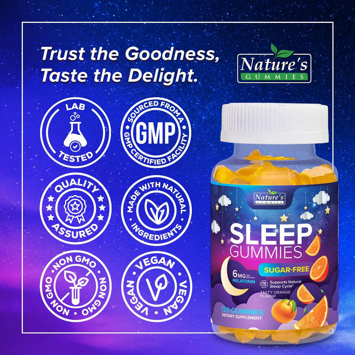 Sleep Gummies 6mg - Melatonin Gummy for Adults, Sugar Free, Natural Sleeping Gummy for Adults, Kids, Orange Flavored, Vegan, Non-GMO, Extra Strength Sleep Vitamin Support Supplement - 120 Gummies