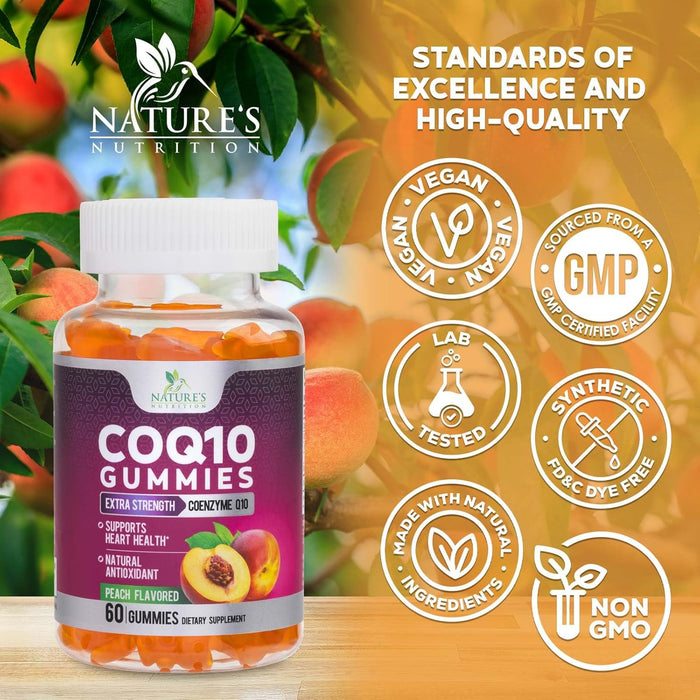 Nature's Nutrition CoQ10 Gummies 100mg â€“ High Absorption Coenzyme Q10 Supplement for Heart Health, Energy & Antioxidant Support â€“ Peach Flavor Gummy, Vegan, Non-GMO, Gluten Free â€“ 60 Count