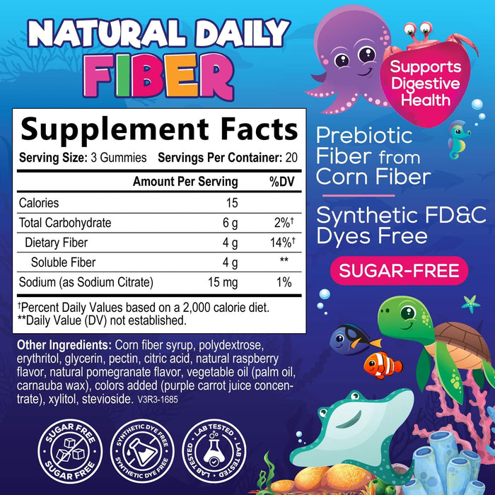Kids Fiber Gummies – Sugar Free Prebiotic Fiber Supplement for Digestive Health, Regularity & Immune Support – 4g Plant-Based Fiber – Natural Raspberry Flavor – Vegan, Gluten-Free – 60 Gummies