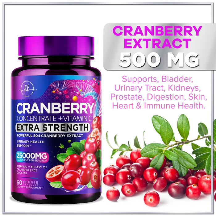 Cranberry Supplement 25,000mg Formula + Vitamin C â€“ Urinary Tract Health Support for Women & Men, 50:1 Whole Fruit Cranberry Extract Pills for Women, Sugar-Free, Non-GMO, Gluten-Free - 60 Capsules