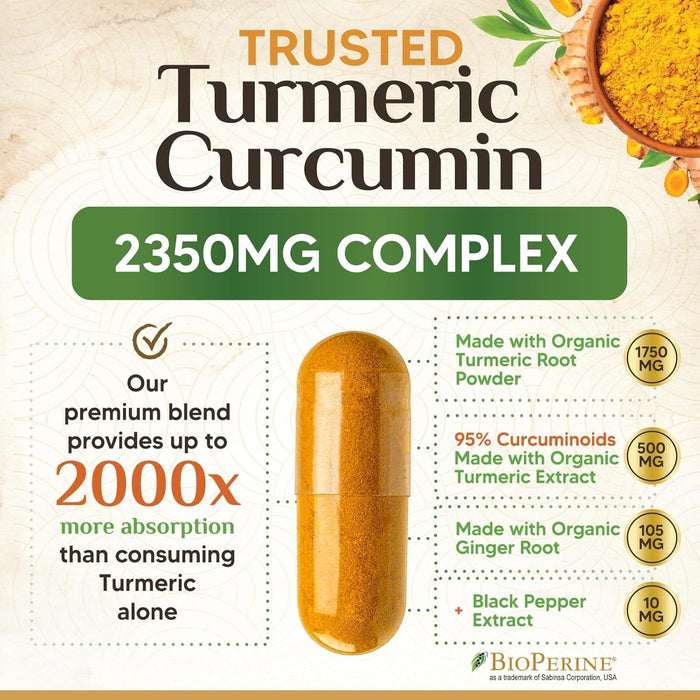 Turmeric Curcumin Supplement 1750mg with Organic Turmeric & Ginger, 95% Curcuminoids, BioPerine Black Pepper for Best Absorption, Nature's Vegan Joint Support, Non-GMO, Bottled in USA - 120 Capsules