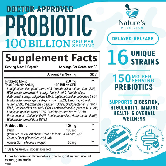 Nature's Physician Probiotics - 100 Billion CFU - 16 Strains + Prebiotics - Best Probiotic Supplement for Women & Men - Supports Immune, Digestive Health, Occasional Constipation & Gas - 30 Capsules