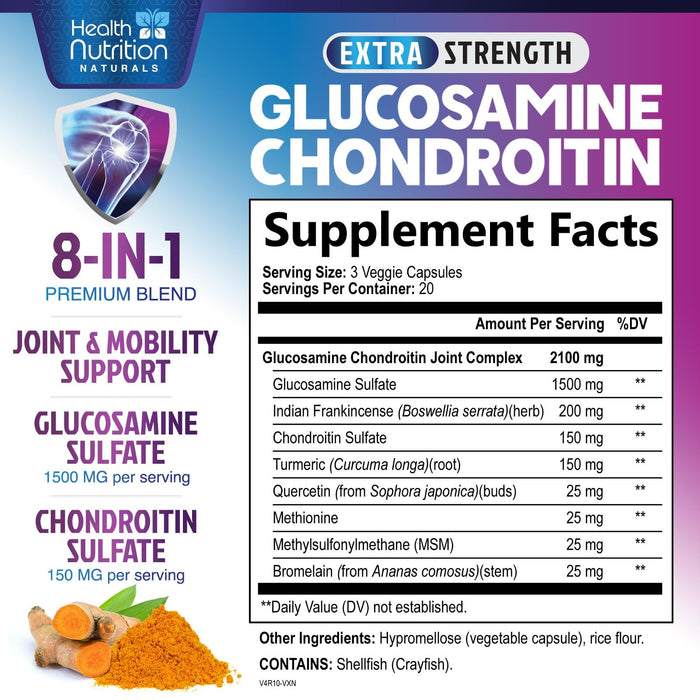 Glucosamine Chondroitin MSM 2100mg Complex - Joint Health Supplement with Turmeric & Boswellia - Quercetin for Cartilage, Flexibility & Mobility - Triple Strength Glucosamine Sulfate - 60 Capsules