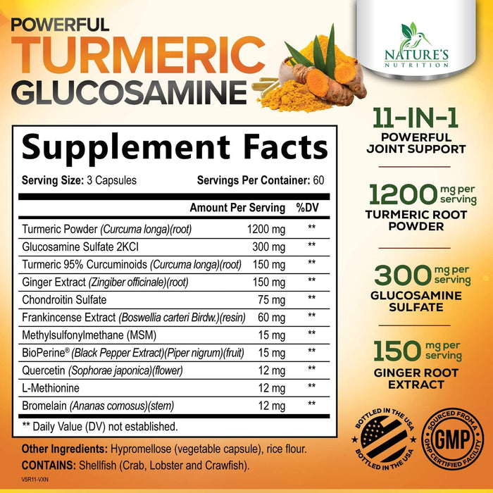 Turmeric Curcumin Supplement 2000mg with Glucosamine Chondroitin & Ginger, 95% Curcuminoids, BioPerine Black Pepper for Best Absorption, Nature's Joint Support, Non-GMO, Bottled in USA - 180 Capsules