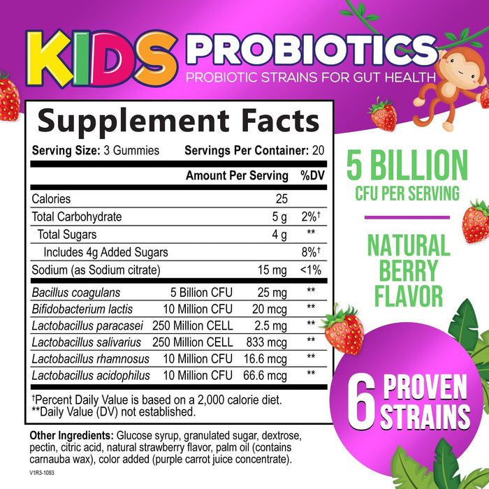 Probiotics for Kids Digestive Health – 5 Billion CFU – 60 Gummies