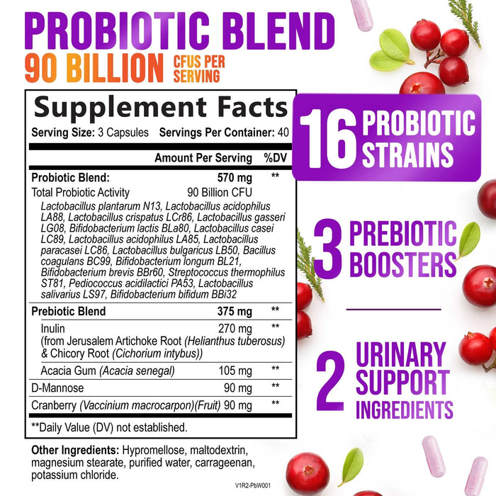 Probiotics for Women - 90 Billion CFU 16 Probiotic Strains with Cranberry, Vaginal Probiotics with Prebiotics PH, Digestive, UT, Immune, & Feminine Health Support, Pro Biotics for Women, 120 Capsules