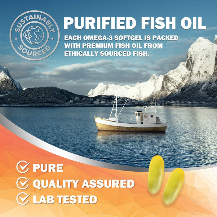 Omega 3 Fish Oil 2400 mg - Triple Strength EPA & DHA Fatty Acids for Heart, Brain & Joint Support Wild-Caught, Burpless, Lemon Flavor Supplement Natural, Non-GMO, Gluten-Free - 240 Softgels