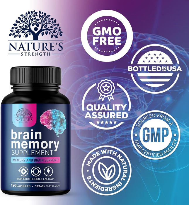Brain Memory Supplement Pills - 3X Strength Nootropics for Concentration, Clarity & Focus Support - Brain Health Cognitive Vitamins with Bacopa, Phosphatidylserine & DMAE, Brain Booster - 120 Capsules