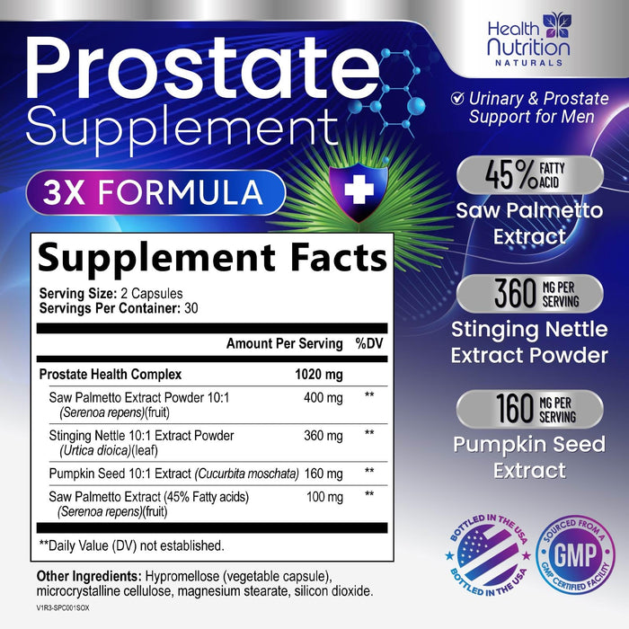 Prostate Health Supplements for Men - Potent 3X Formula with Saw Palmetto, Stinging Nettle, Pumpkin Seed Extract, Bottled in USA, Prostate Supplement for Urinary Support, Vegan, Non-GMO, 60 Capsules